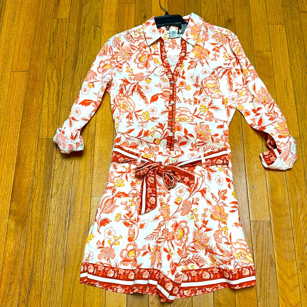 Women's Floral Tie-Waist Romper in Coral & White